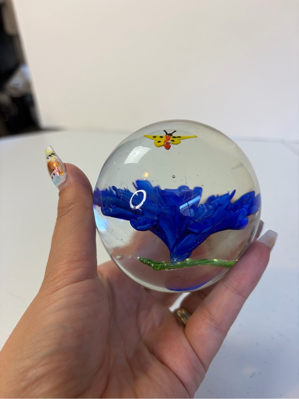 Art Glass Paperweight Blue Flower Butterfly Controlled Bubble Orb Sphere Decor - Picture 5 of 7
